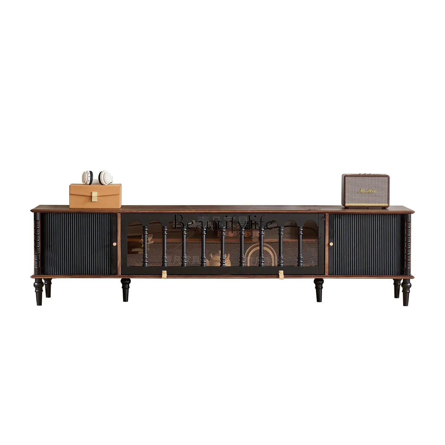

French retro solid wood TV cabinet storage integrated black American