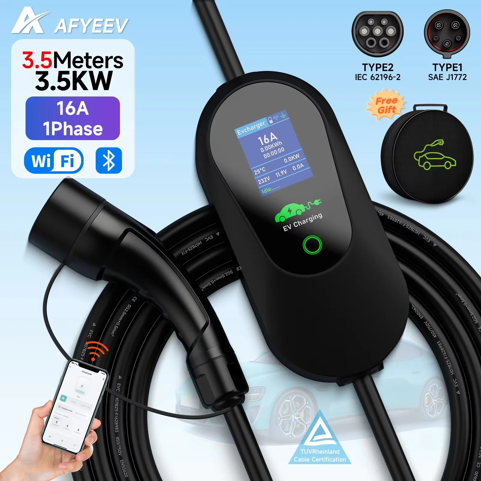 

AFYEEV 3500W 16A Portable Type 2 IEC62196-2 EV Charger Type1 SAE J1772&GB/T Electric Car Charger Wallbox APP Control 3.5m Cable