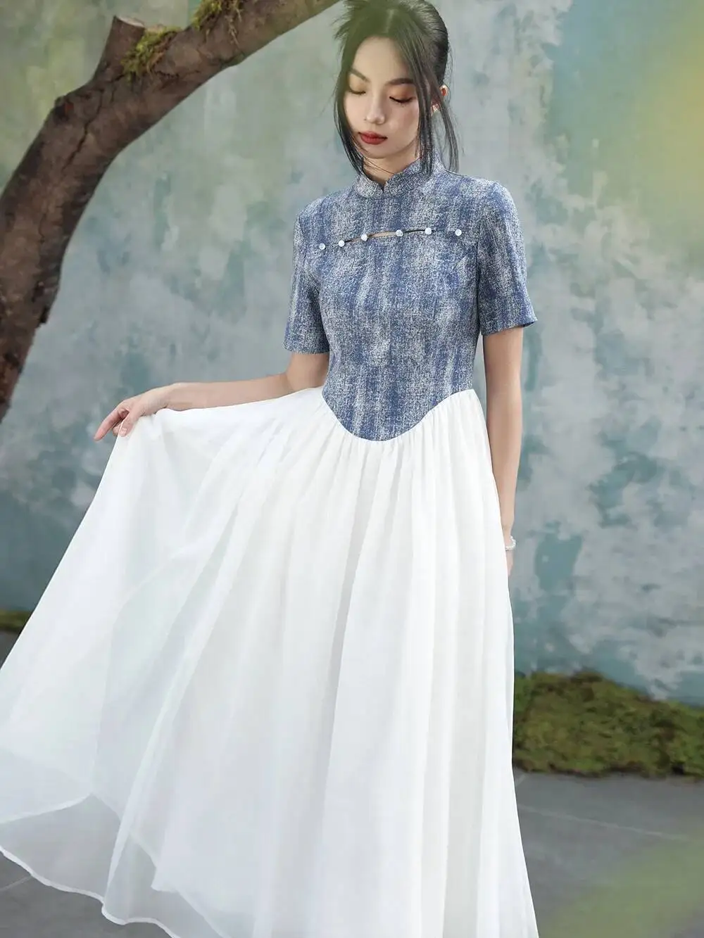 UMI MAO Nowa Chińska Sukienka Vintage Elegancka Damska Niebiesko-Biała Kontrastowa Sukienka w Linii A Imitacja Denimu Łączona Szyfonowa Długa Sukienka