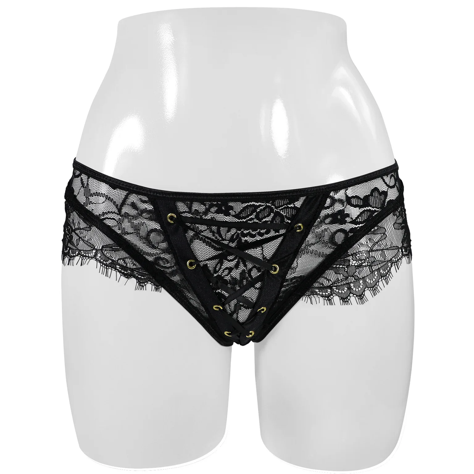 Women's Lace Mesh Garter Briefs, Back & Front Lace-Up Sexy Sheer Lingerie Panties