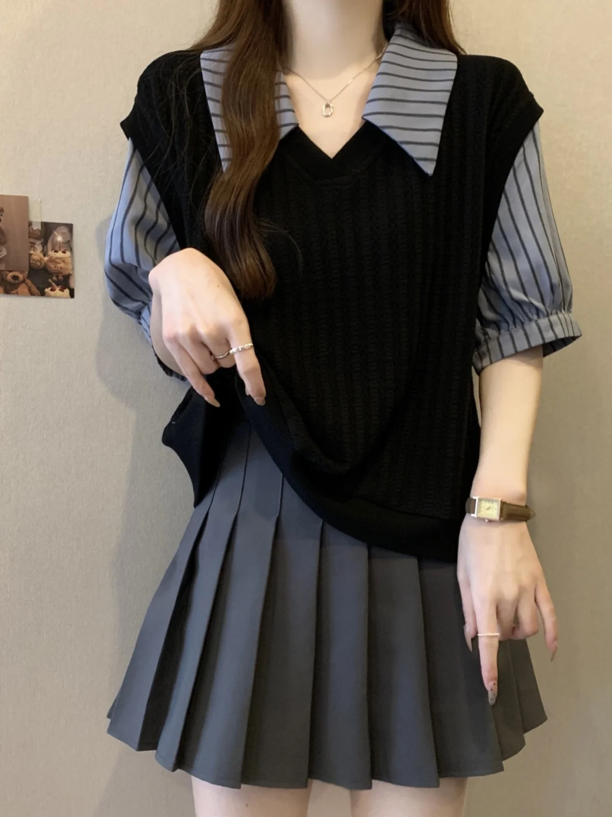 

plus Size Blue Striped Shirt Short Sleeve Black Top Trendy Summer Knittedwear Korean Style Straight Cut Collar Regular L...