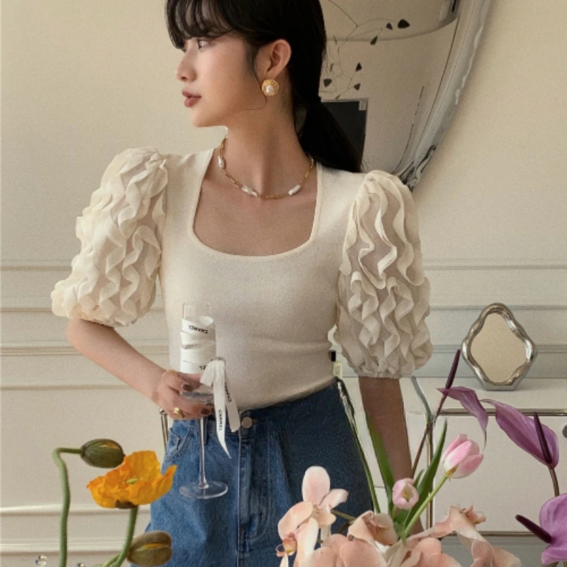 Japanese Style Blouse Women Square Collar Design Spliced Summer Fashion Slim Elegant Slouchy Temper Mature Puff Sleeve Casual