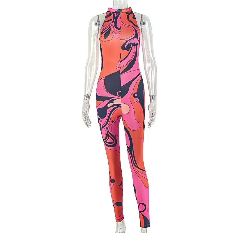 Vintage Color Print Jumpsuits Woman Trend O Neck Zipper Sleeveless Skinny Peach Hip Jumpsuit Hottie Party Club Overalls