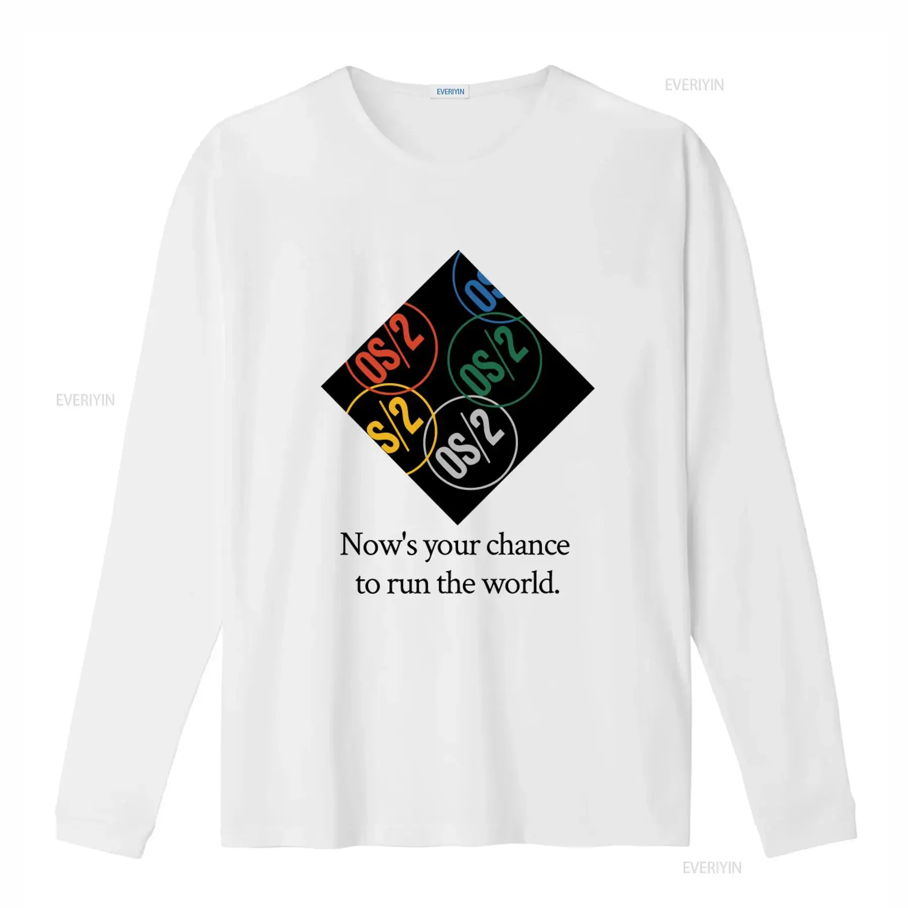 Ibm Os2 Premium Crewneck T Shirt with Colorful Logos and 'Now's your chance to run the world' Slogan vintage Washed Soft