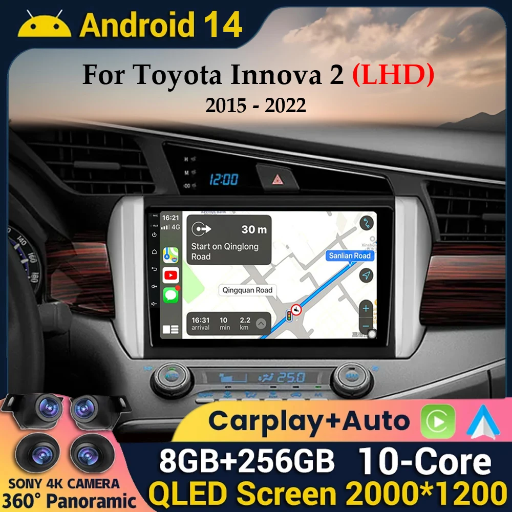 Android 14 Carplay&Auto WIFI+4G For Toyota Innova 2 2015 2016 2017 2018 2019 2020 2021 2022 Car Radio Multimedia Player Stereo