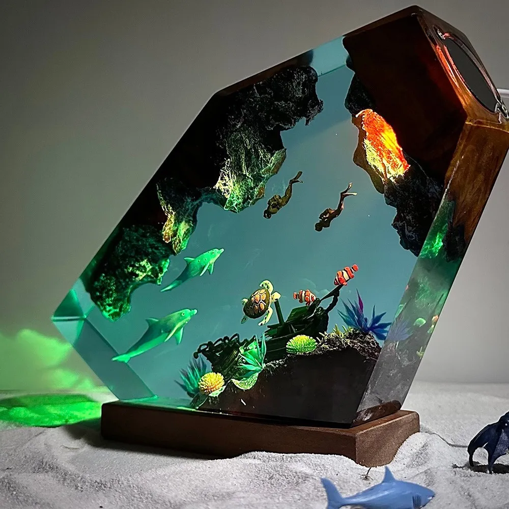 Ocean Style Orca Diver Resin Wood Lamp Dual Use Night Light Decor Christmas Creative Gift for Home Desktop Ornament