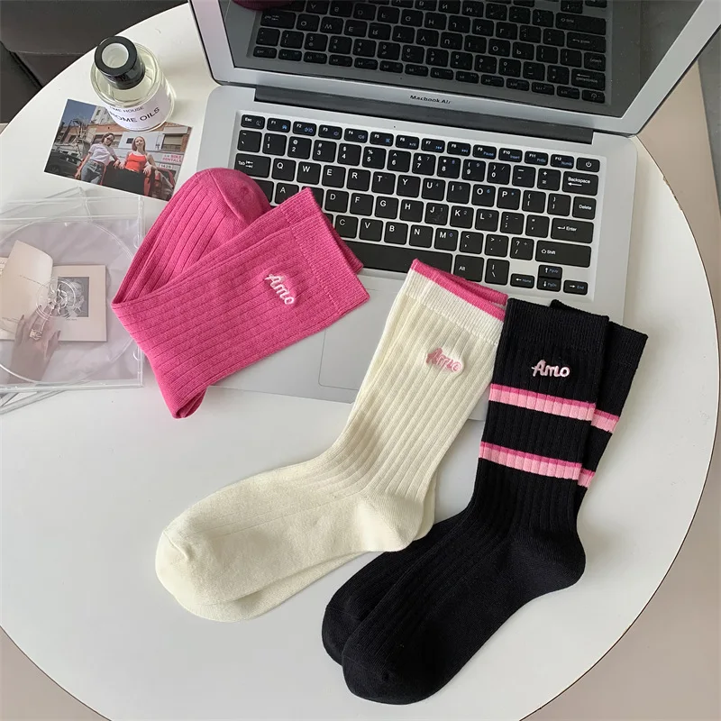 

Women's Socks Spring Autumn Rose Red Striped Letter Embroidery Cotton Mid-Calf Socks Double Needle Casual Daily Wear Socks