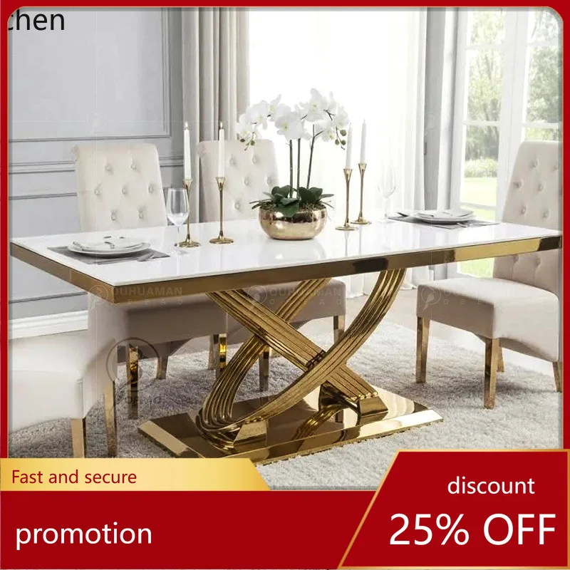 HT High-End Stainless Steel Titanium Gold Marble Dining Table and Chair Set for Home Restaurant Rectangular Dining Table