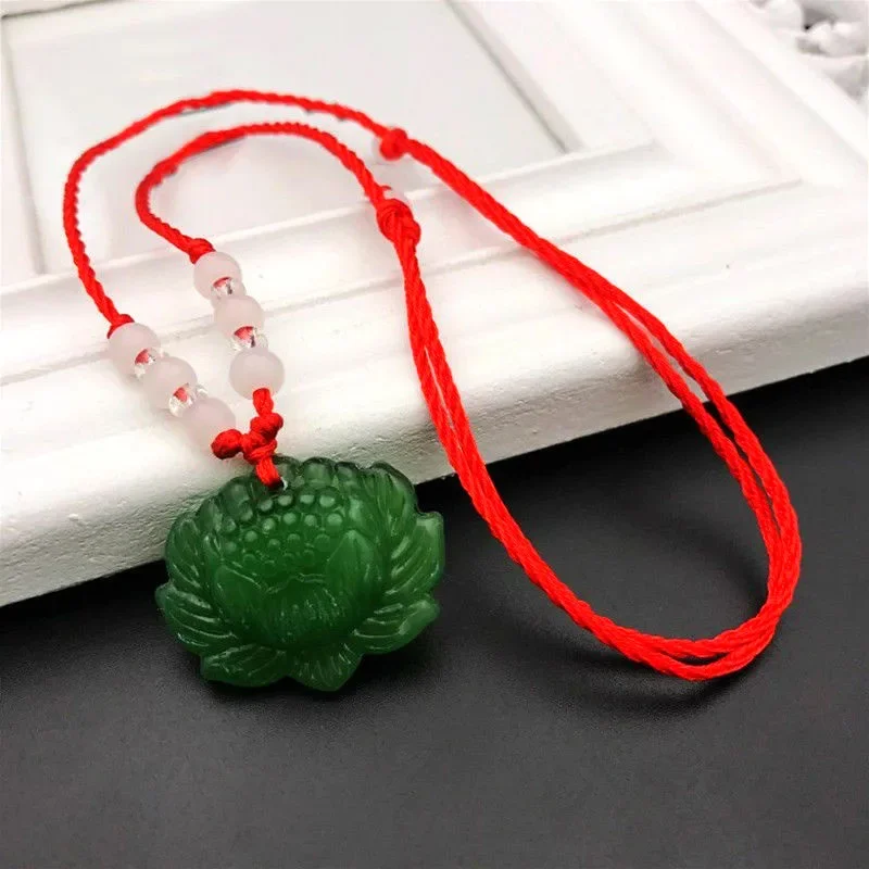 Real Jade Lotus Pendant Necklace Natural Jewelry Carved Amulet Accessories Charm Gemstone Designer Vintage Lucky Gifts for Women