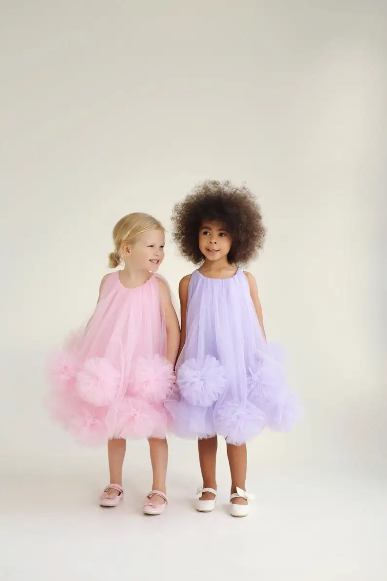 Cute Floral Tutu Tulle Little Kid Dresses Flower Girls Dresses A-line Knee Length Tulle Daughter Birthday Party Dresses