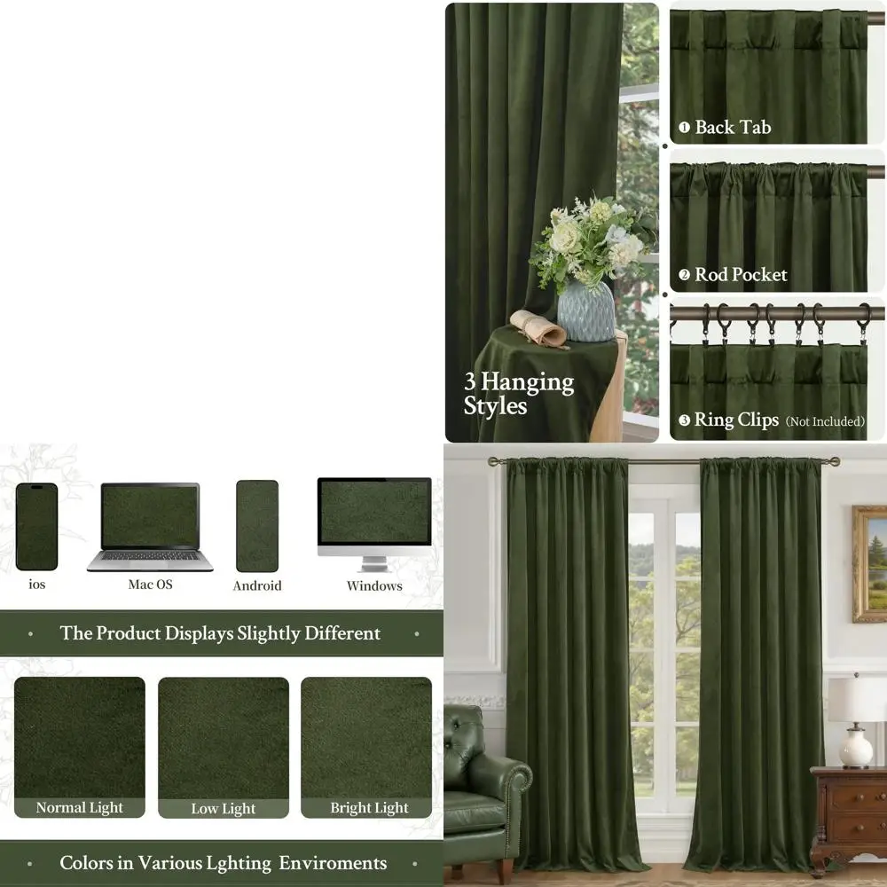 

Luxury Olive Green Velvet Insulated Curtains, 52 x 108, Blackout & Room Darkening, 2-Panel Set for Living Room