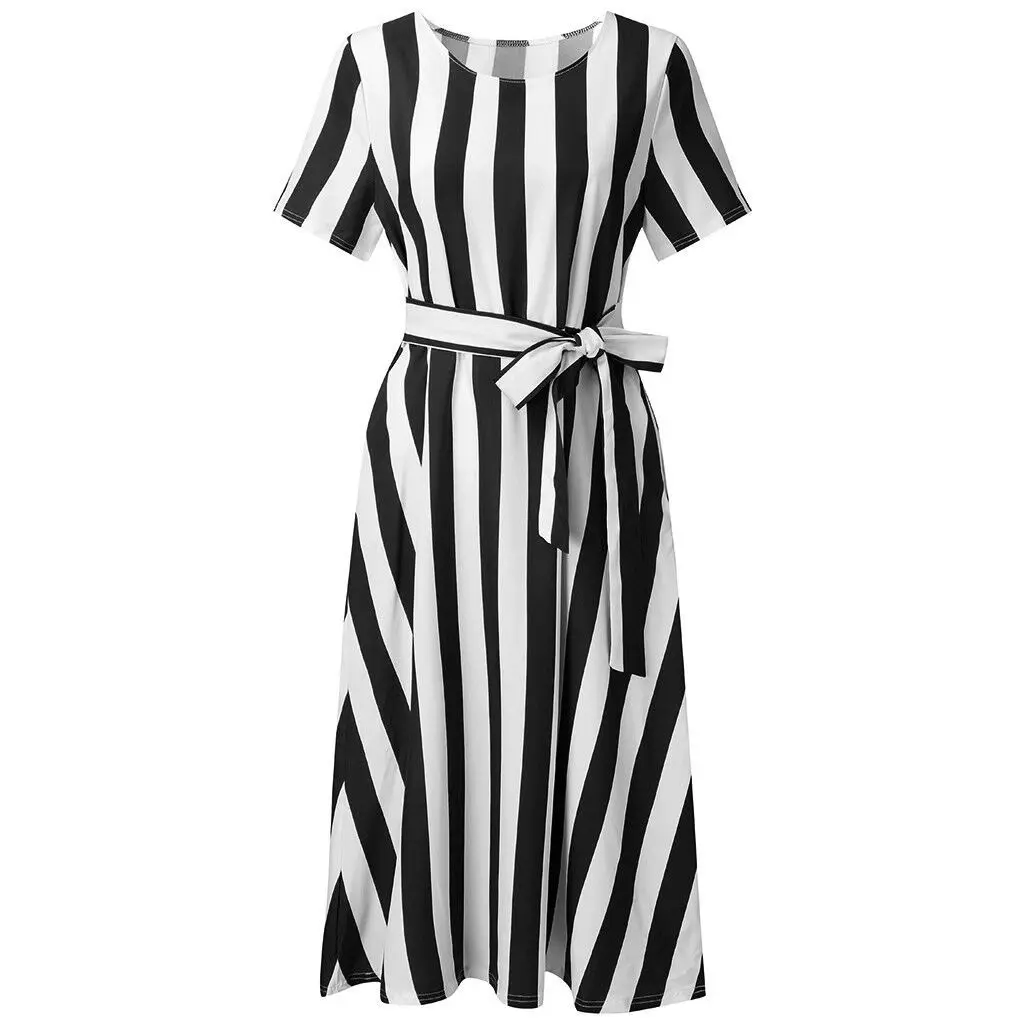 Damen Sweet Sle Gestreifter Casual Dr mit Kettes Or Sve Round Ne Langer Rock mit lockerer Taille aus Polyesterfaser