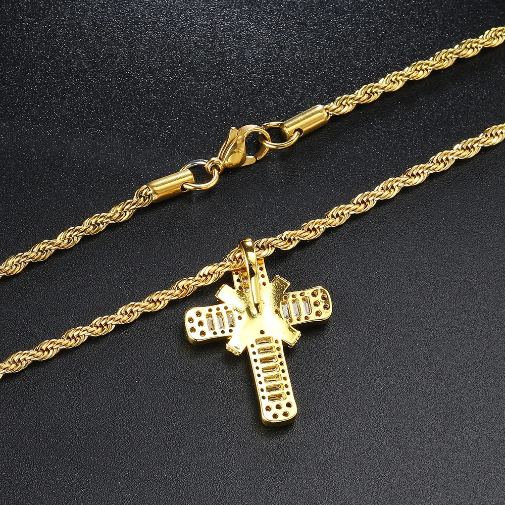 Rapper Hiphop Iced Out CZ Cross Pendant Necklaces for Men Stainless Steel Rope Box Chain on Neck Punk Homme Trend Jewelry OHP142