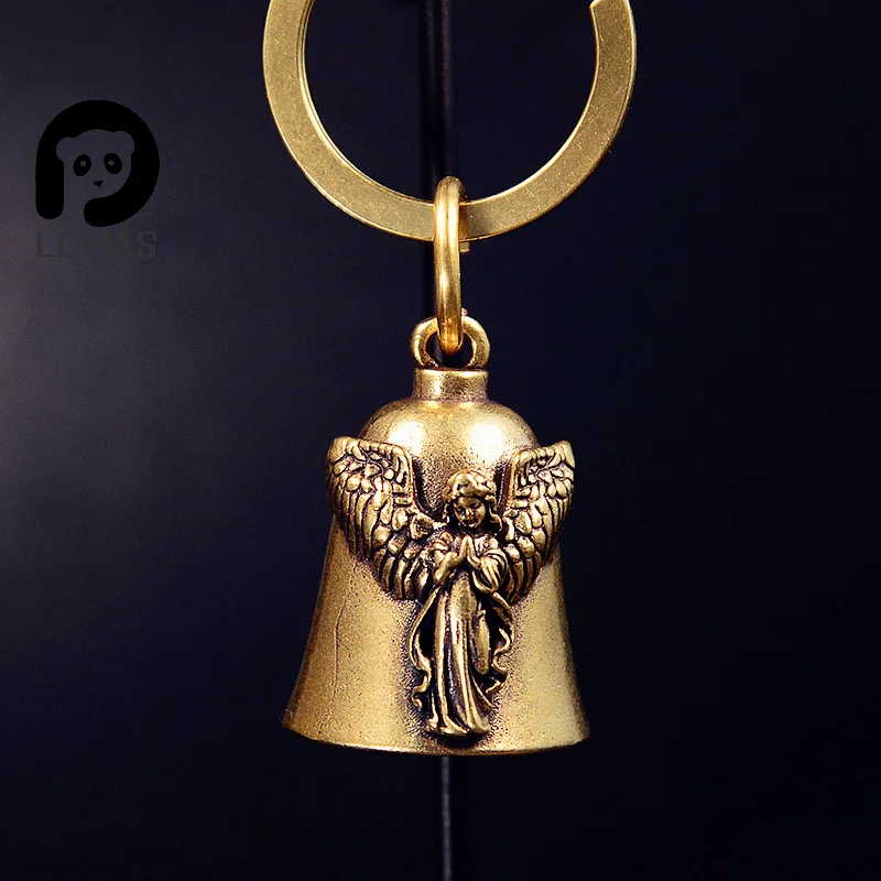 1 unidad Campana de latón con alas de ángel de la guarda, estilo moda, para motocicleta, llavero, amuleto de exorcista para motociclistas, joyería de la suerte