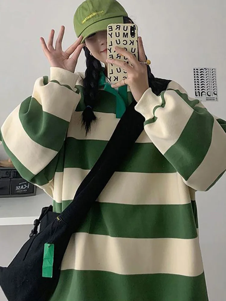 Green Striped T shirt Women Oversized Tee Harajuku Long Sleeve preppy Polo Shirt Ladies T-shirts For Teenagers Spring Casual Top