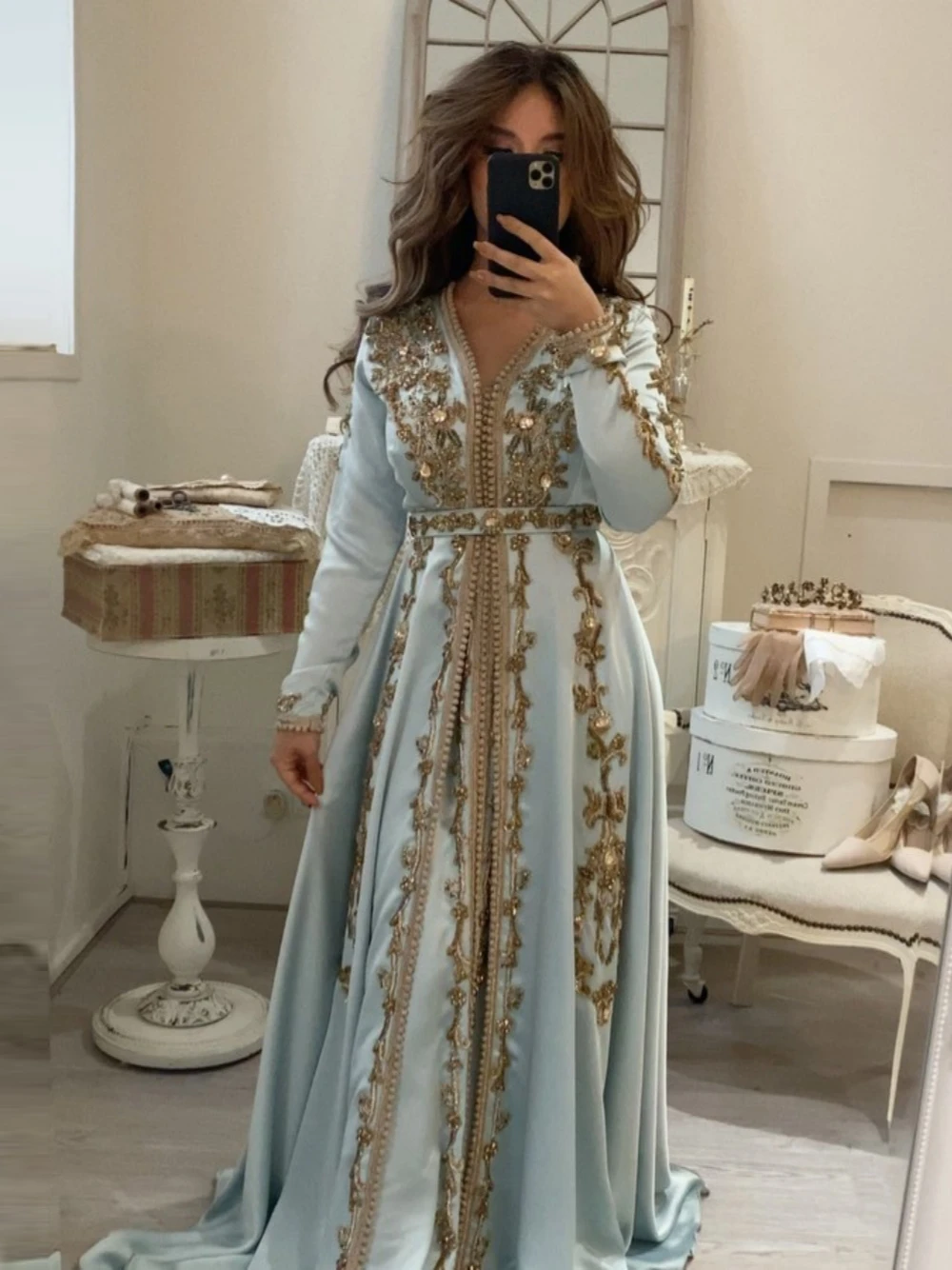 Blue Moroccan Kaftan Lace Beaded Wedding Evening Dress Custom vestidos de fiesta Formal Party Dress New Arrival EV122