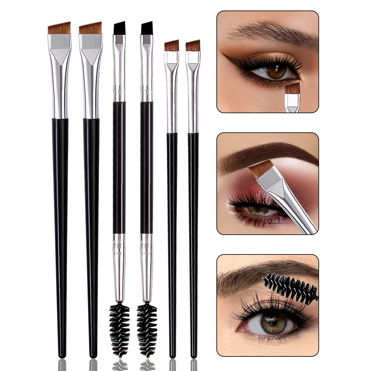 6PCS Professional Eye Brush Set, Sickle/Angled Liner & Spiral Lash/Brow Tools, Soft Synthetic Fiber Travel Kit for Beginners