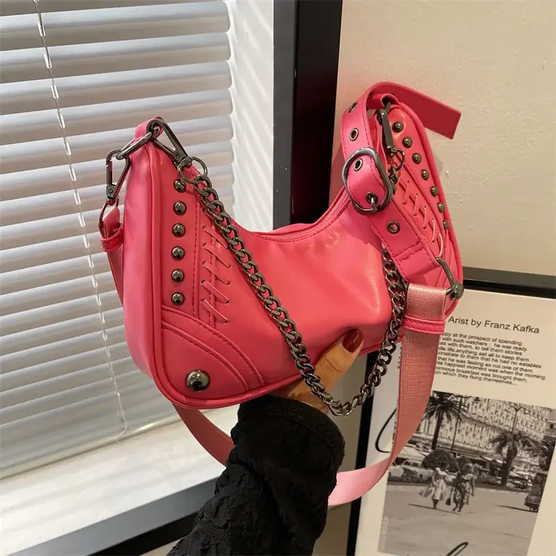 

Xiuya Gothic Bag Vintage 2022 Fashion Moto Biker Shoulder Bag Rock Style Metal Chain Pu Leather Casual Handbags for Women