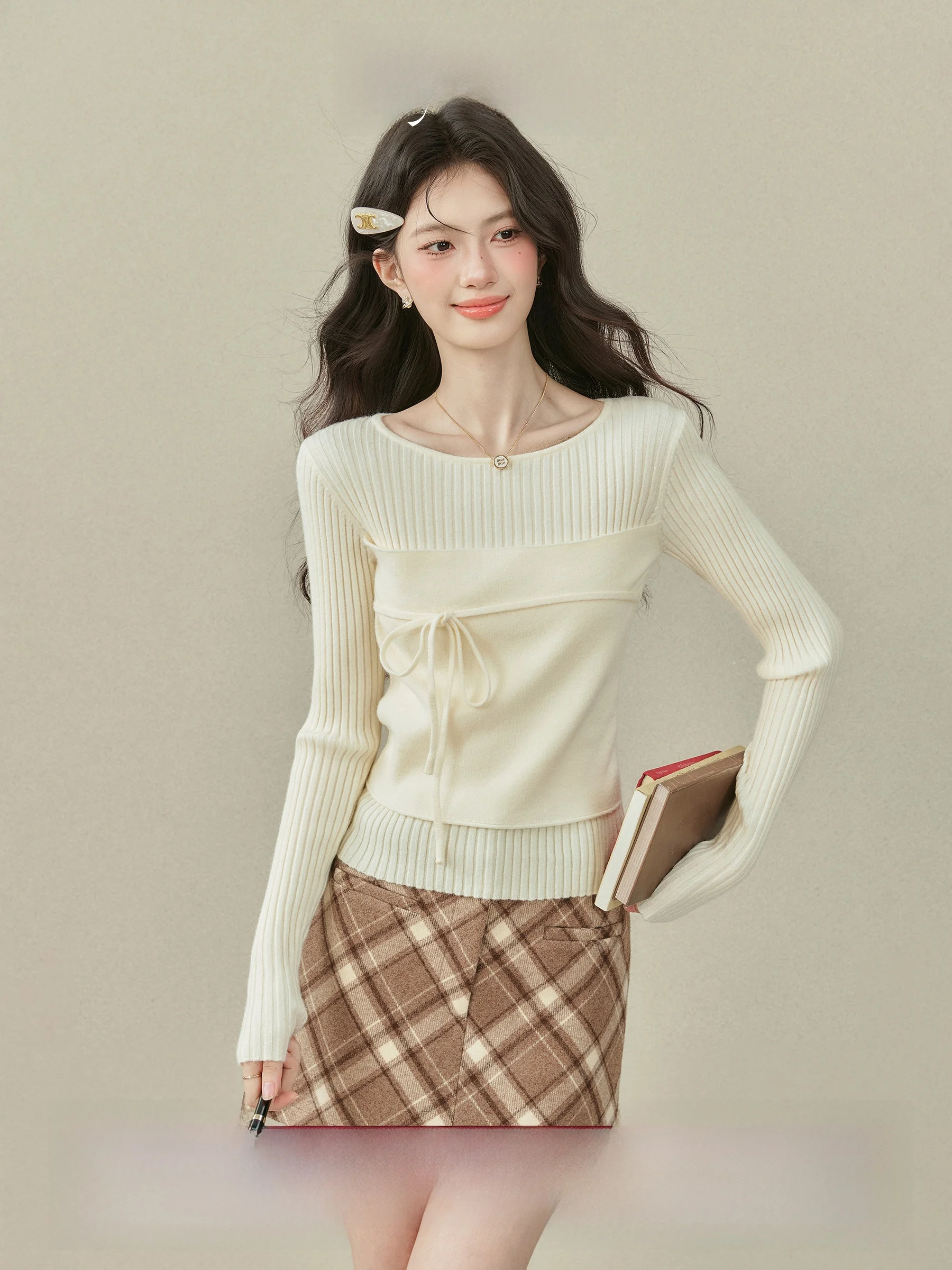 

Autumn Knitted Sweater Women's Sweet Princ Sle Long Sve round Ne Faux Two-Piece Light Tawny Color Slim Fit Faion