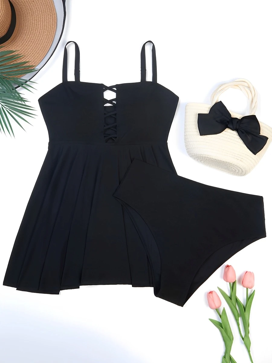 2025 Large Size Hollow Out Tankini 2 Pieces Swimsuit Women High Waist Swimwear Female Bathing Swimming Swim Suit Beach Bathers image 4