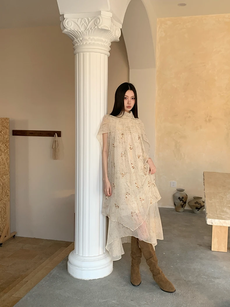 CHEERART Embroidery Floral Summer Tulle Dress For Woman Beige Sleeveless Long Loose See Through Flowy Dress Designer Fashion - view 2