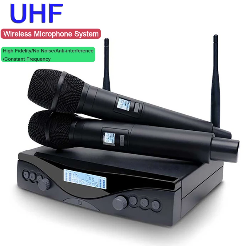 

Professional Wireless Microphone UHF 2 Channels Handheld Mic Automatic Frequency Adjustable 100m Suitable for Karaoke&Home Party