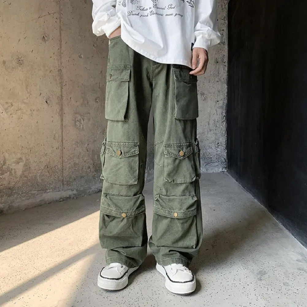 Men Cargo Pants Street Popular Multi-pocket Overalls Loose American Retro Trousers Straight Mid Waist Overalls Harajuku Pants