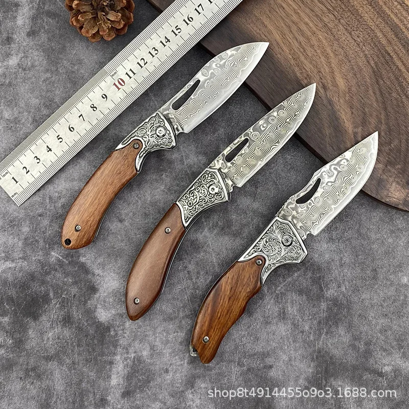 Damascus steel knife fruit knife field self-defense folding knife sharp knife outdoor folding knife pocket portable waist knife