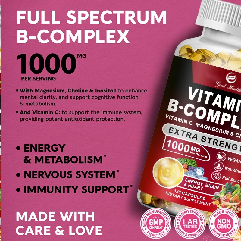 مكمل فيتامين ب المركب - B1، B2، B3، B5، B6، B7، B8، B9، B12 مع فيتامين C، الكولين، الإينوسيتول - الطاقة والدماغ والقلب