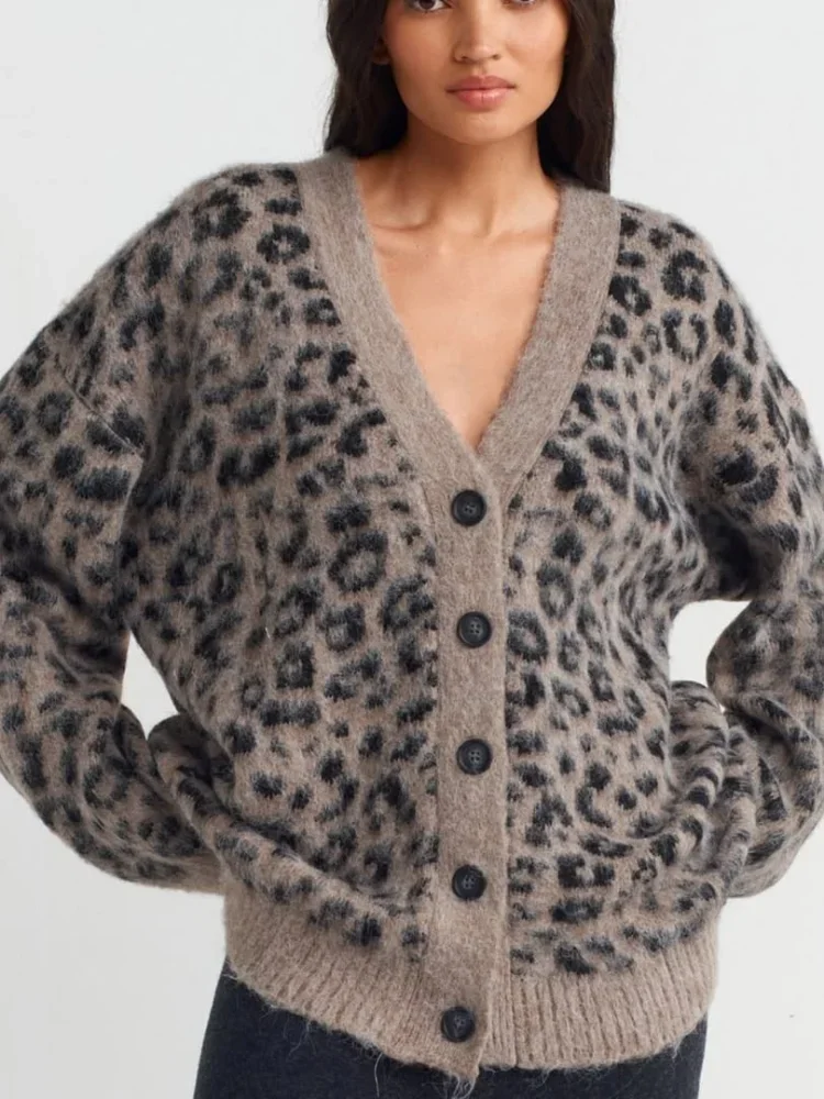 Women Leopard Print Kintted Cardigan Causal Loose Full Sleeve Single Breasted Short Sweater Lady Daily Commute Street Cardigans