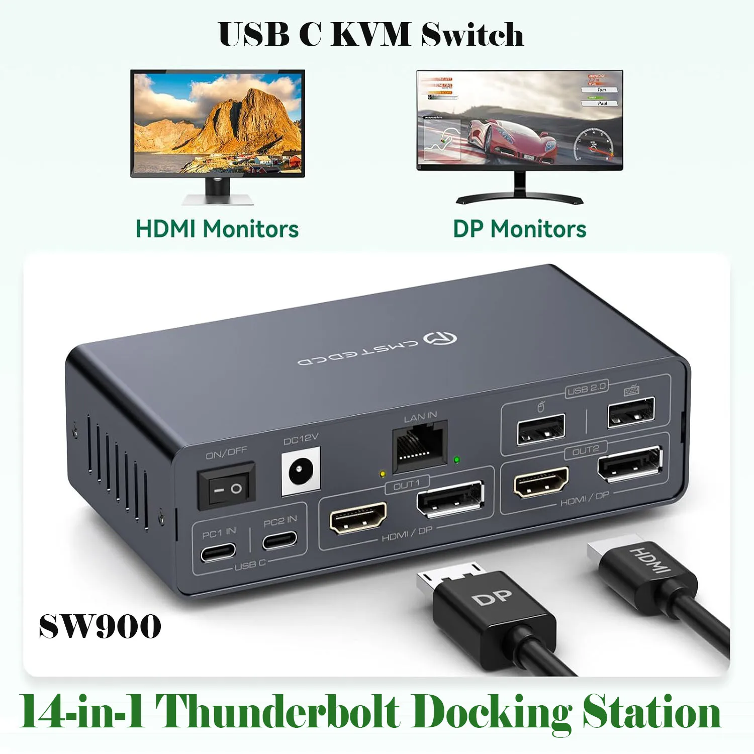 Thunderbolt 4 Kvm Switch Docking Station for 2 Monitors 2 laptops or Macbooks,4K@60Hz 14 IN 1  USB C 3.2 Kvm Switch 2 Projector