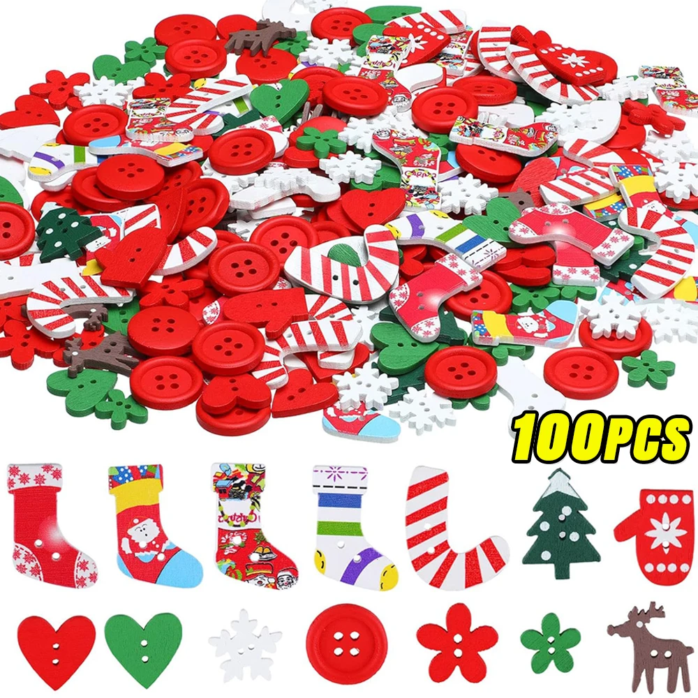 100/50Pcs Christmas Wooden Buttons Mini Xmas Tree Snowflake Sewing Buttons For Home Xmas Holiday Scrapbook Clothes Accessories