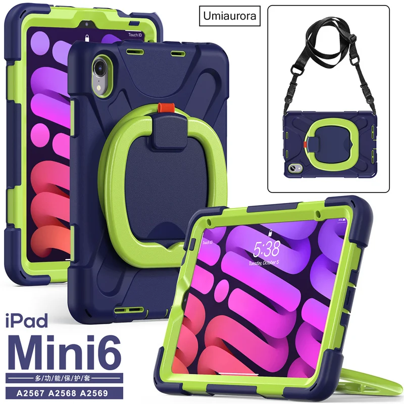 For IPad Mini  6 Mini 6th Gen 8.3 inch A2567 A2569 Kids Silicon PC Tablet Case Rotation Hand Ring Stand Shockproof Rugged Cover