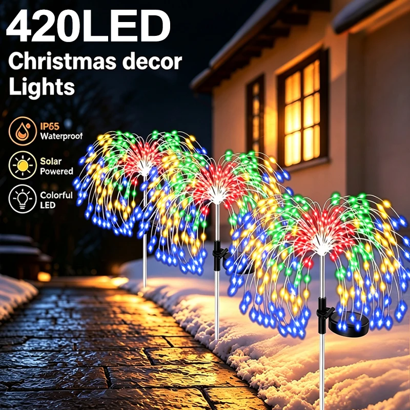 Solar Firework Light 420LED Waterproof Starburst Dandelion Garden Light Outdoor Lamp for Christmas Halloween Yard Ambience Decor