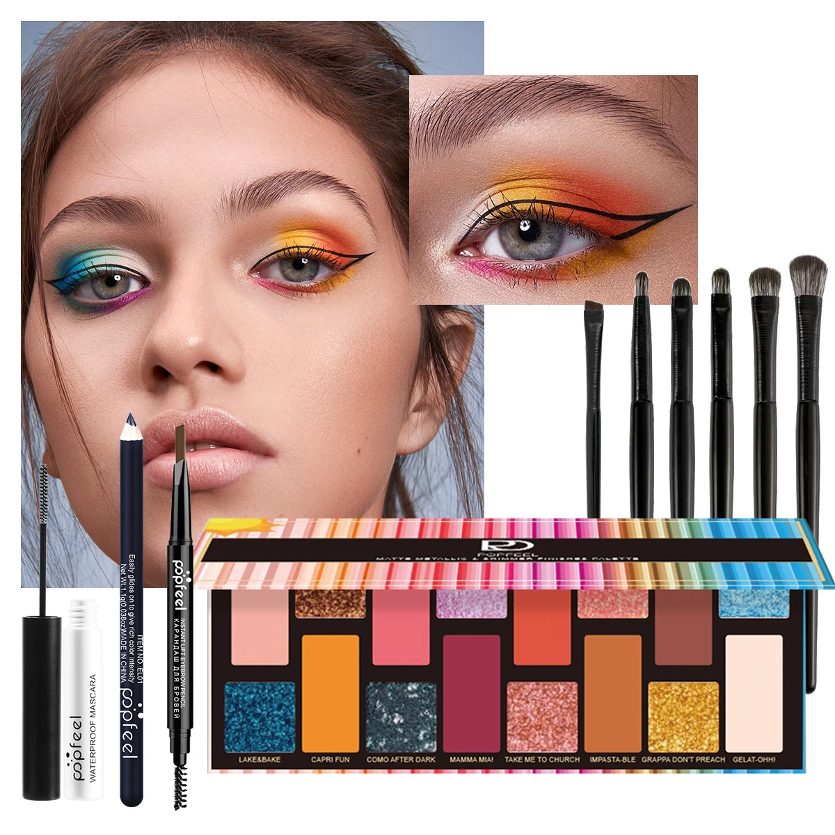 POPFEEL Ensemble de maquillage fard à paupières nu et couleur 16 couleurs - Combinaison complète de maquillage pour les yeux avec eye-liner, mascara, crayon à sourcils, pinceaux.