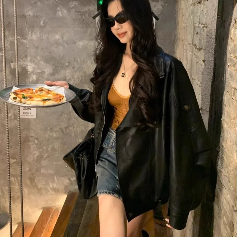 Kurtka damska w stylu koreańskim, czarna, retro, motocyklowa, z kołnierzem, ze skóry PU, nowa kolekcja jesień-zima 2025, odzież damska.