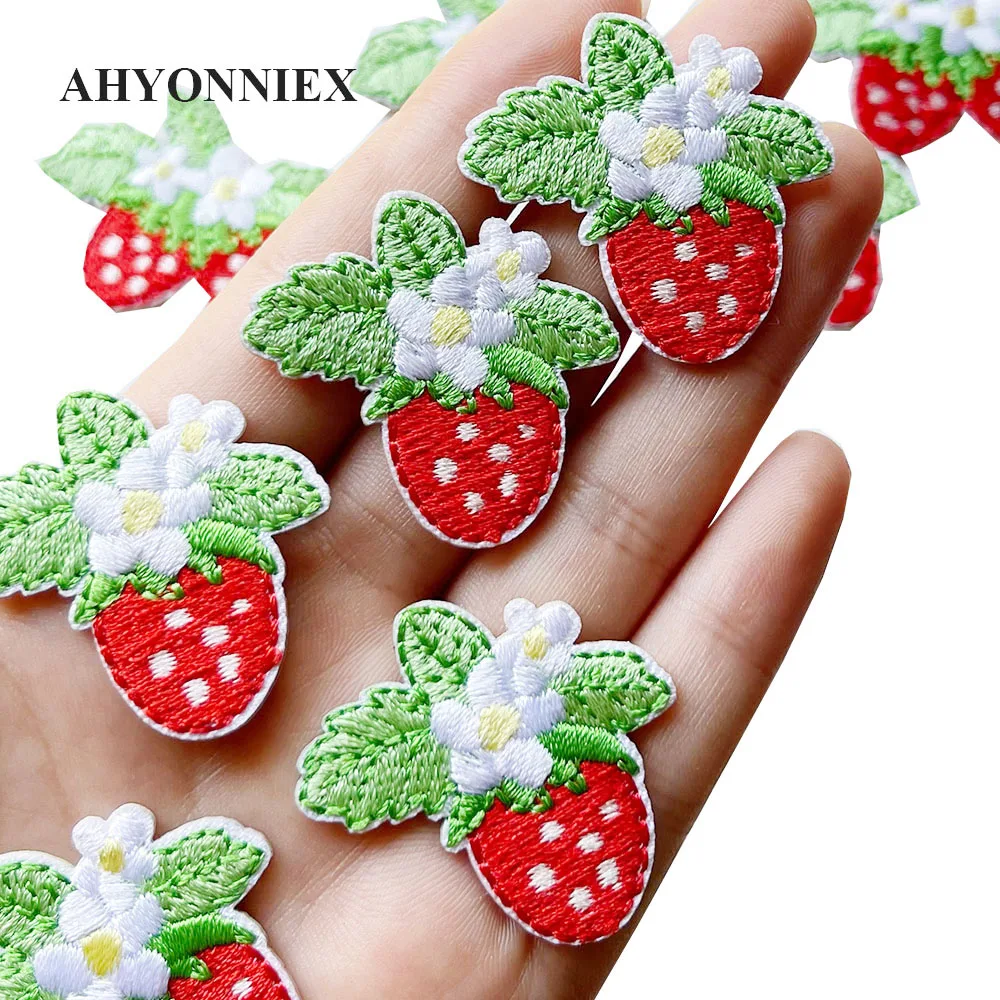 AHYONNIEX 5PCS Embroidered Cute Strawberry Patches Clothes Bags DIY Applique Embroidery Parches Iron On Patch for DIY