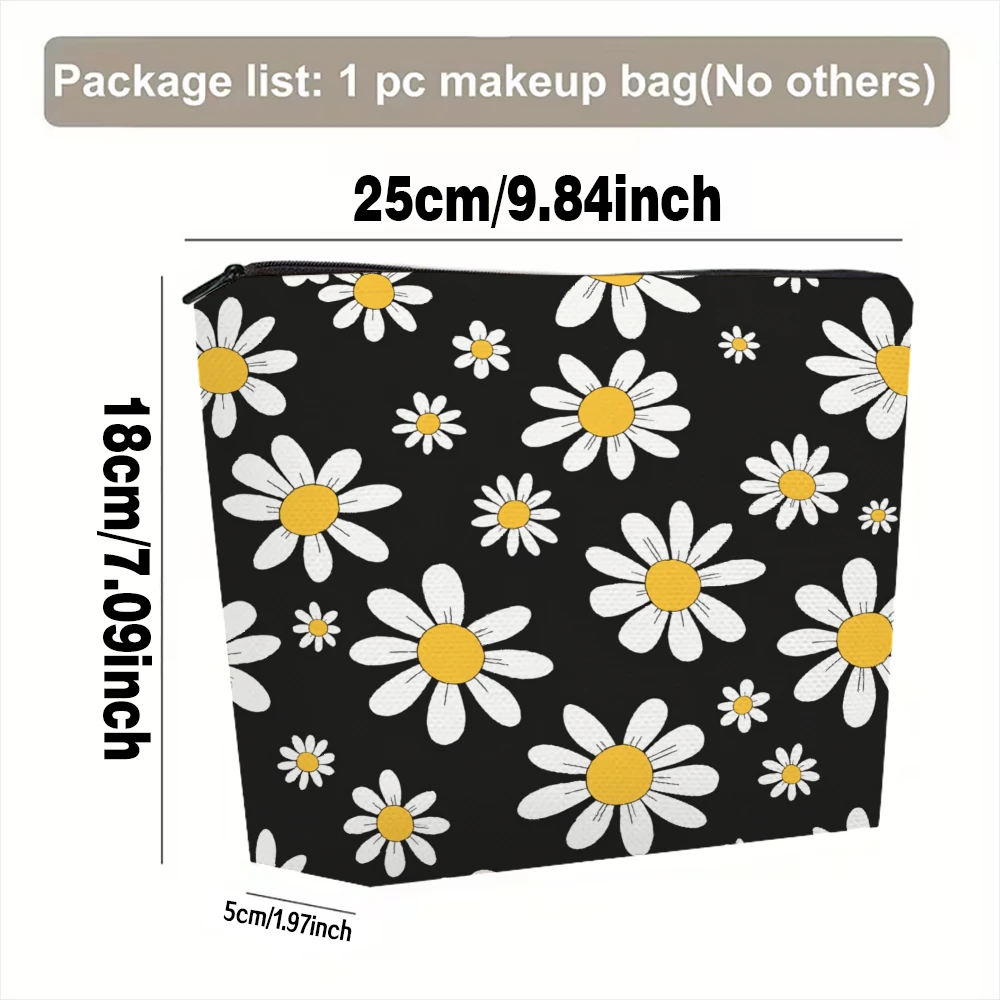 Daisy Pattern On Black Background Makeup Bags for Girls Cosmetic Pouch Toiletry Bag Pencil Case Travel Storage