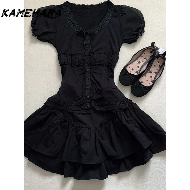 

KAMEHARA Japanese E-girl Gothic Black Lace Round Neck Short Sleeve Shirt Summer Vintage Hot Girl Waist Cake Skirt Two Piece Set