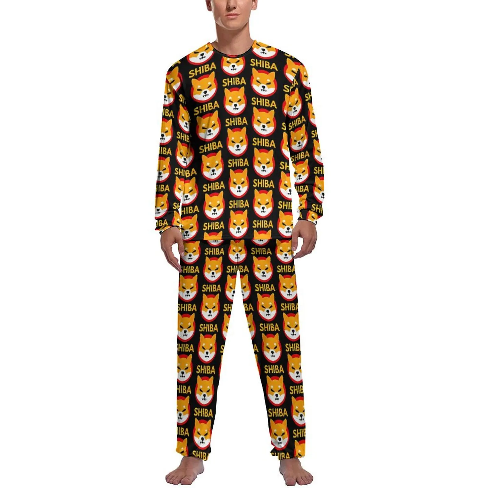 Shiba Coin Cryptocurrency Pajamas Spring  Home Nightwear Man 2 Pieces Design Long Sleeves Retro Pajama Sets