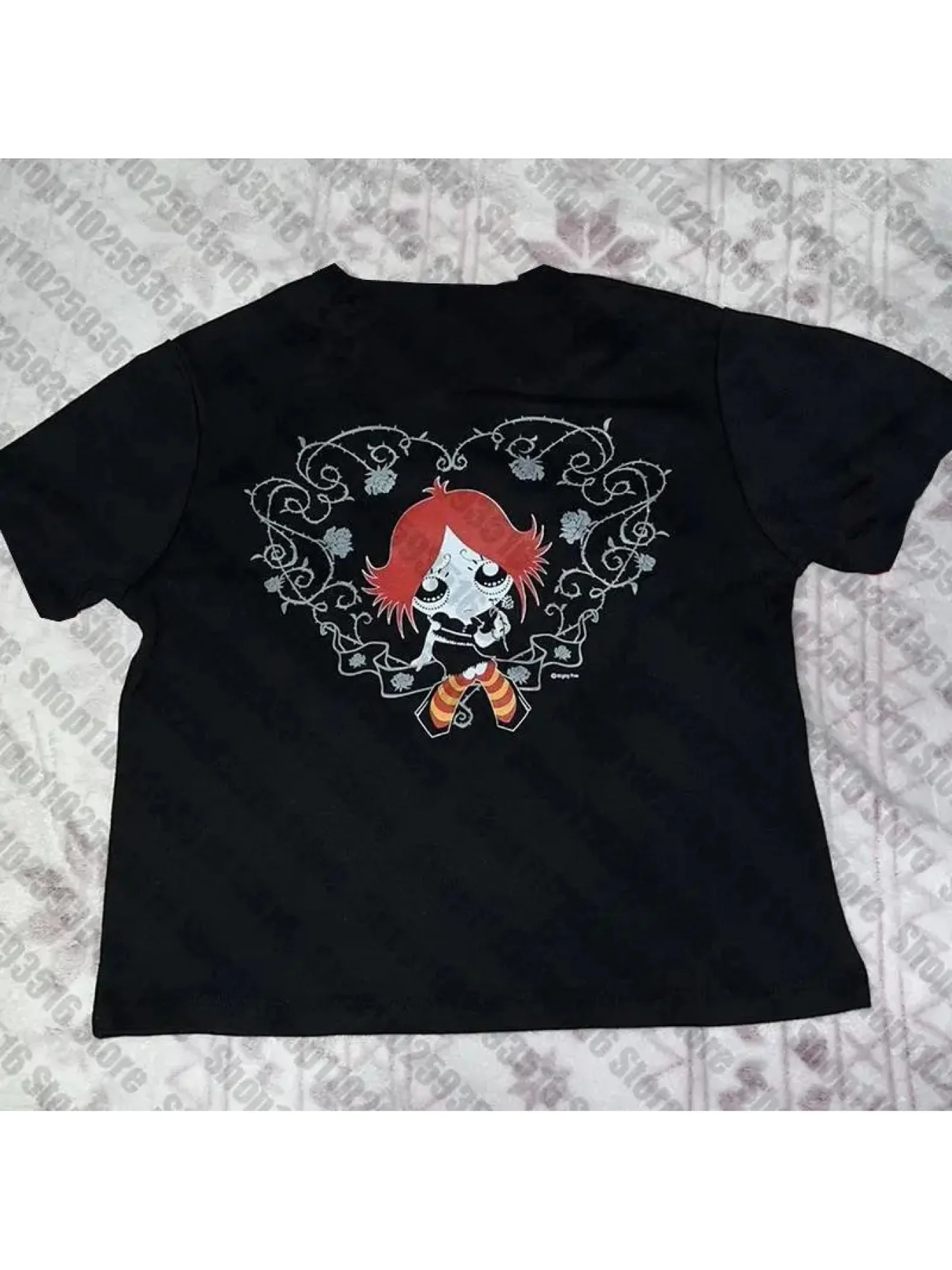 Casual Black Cotton Gothic Cartoon Girl T Shirt