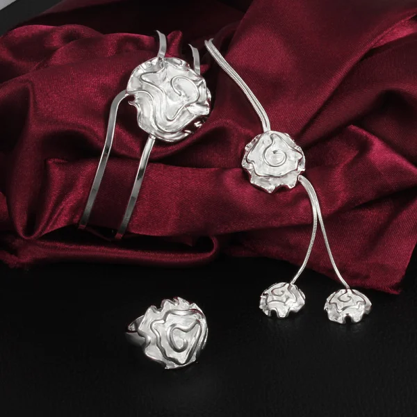 

Hot Popular brands women 925 Sterling Silver beautiful rose flower necklaces bangle rings Jewelry set fashion Party wedding gift