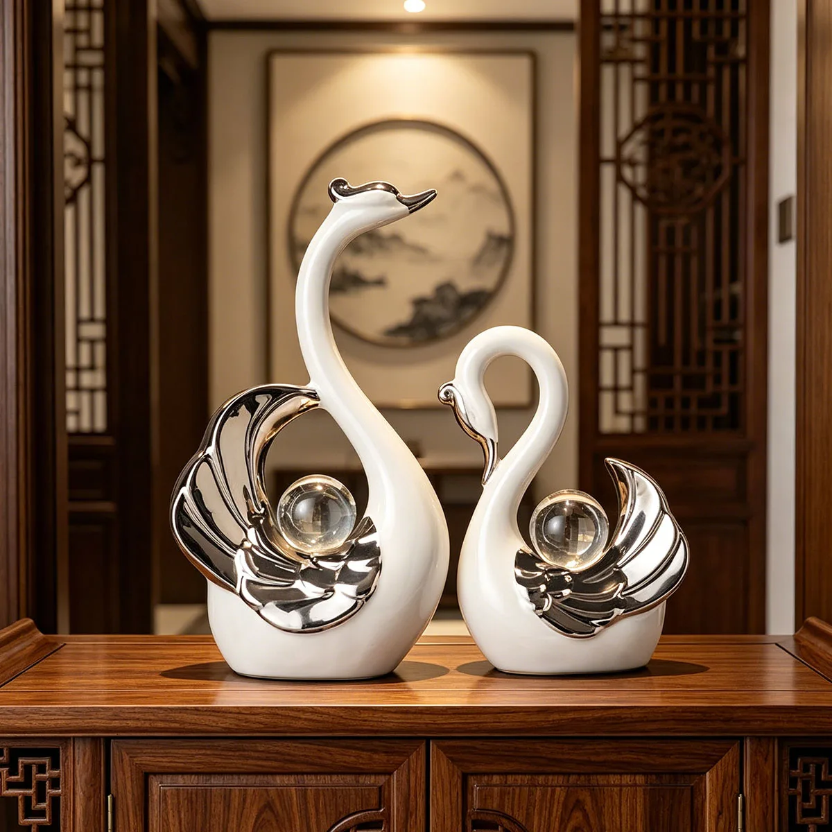 

Ceramic Couple Swan Ornament With Crystal Balls- Home Living Room Entrance TV Cabinet Hotel Wedding Festival Luxury Decoration