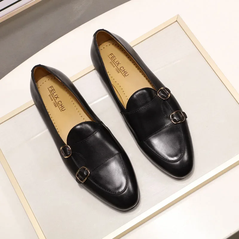 FELIX CHU Men\'s Genuine Leather Loafers Handmade Monk Strap Casual Dress Shoes for Wedding Party Summer Autumn Footwear