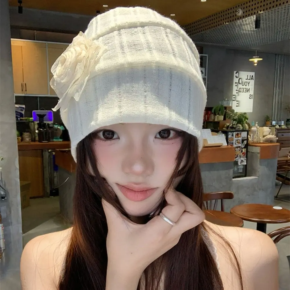 

Cute Elegant Hollow Pullover Hat Sweet Thin Flower Beanies Hat Breathable Korean Style Sunscreen Cap Outdoor
