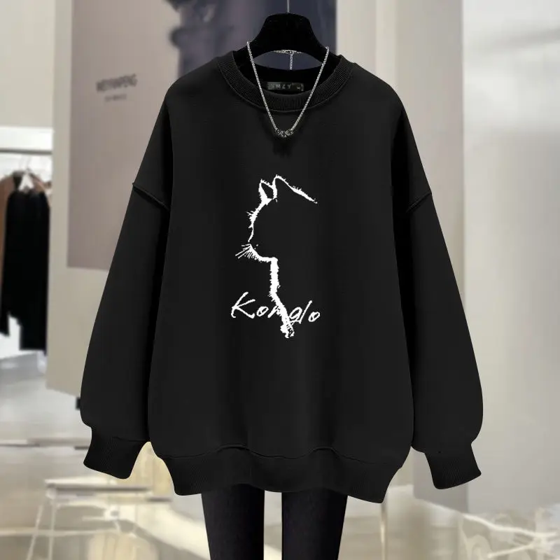 Autumn Winter O-neck Capless Top Pullovers Vintage Loose Casual Long Sleeve Sweatshirts Women Clothing Cartoon Printed Hoodies