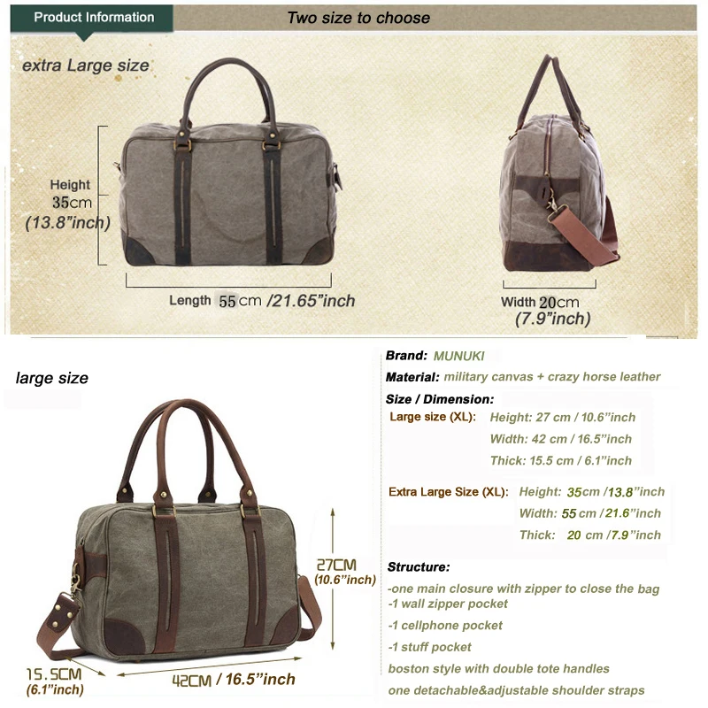 Vintage Military Canvas Leather Men Travel  Large Luggage Bags Weekend Duffel  Overnight  Tote Big