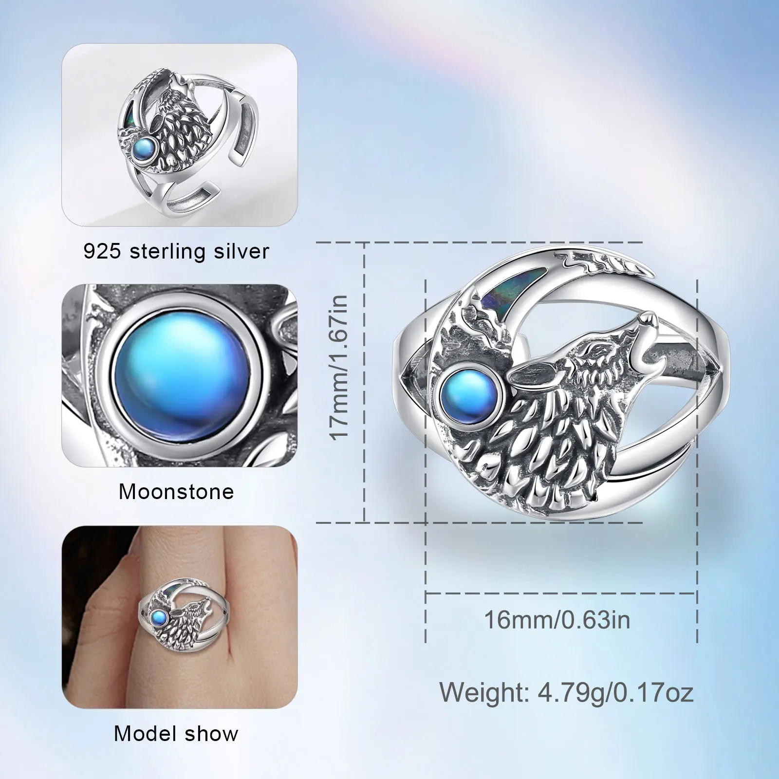 Eudora 925 Sterling Silver Wolf on the Moon Adjustable Ring Moonstone Wolf Ring Natural Abalone Shell Jewelry for Men'women Gift