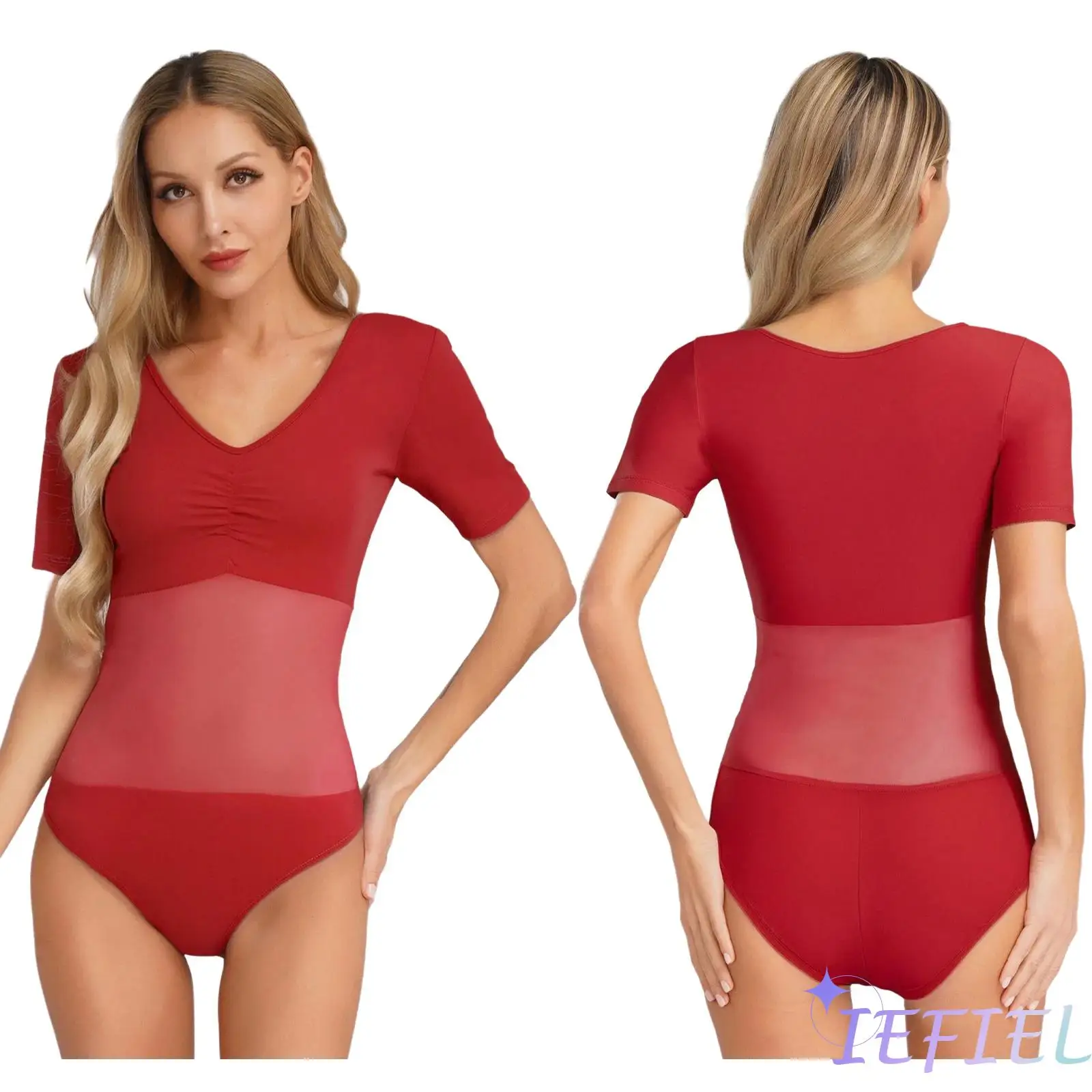 

Womens Belly Dance Leotard Short Sleeve Mesh Spliced Button Crotch Bodysuit Dance Practice Costume Yoga Modern Dance Costume