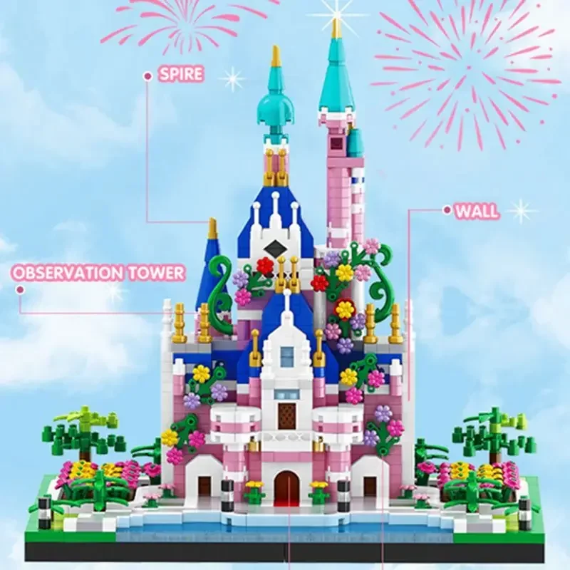 Princess Castle Building Blocks Model Set Pink Blue Church City Classic Cartoon Bricks Construction Toys Adult Home Decorations